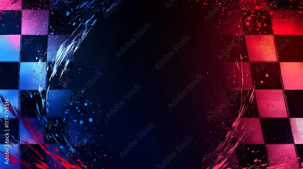 Poster Checkered flag background with vibrant color splatter effect.