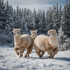 A pair of white alpacas trekking through snowy terrain.