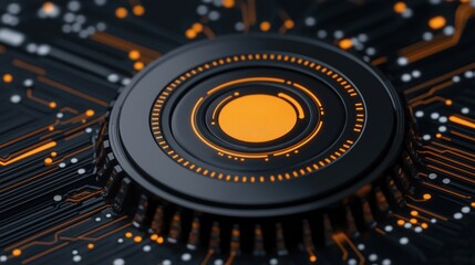 Detailed close-up view showcases a complex circuit design featuring bold orange elements against a sleek black backdrop, highlighting advanced technology and innovation in digital art
