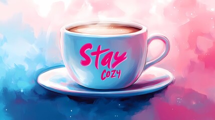 Fototapeta premium Snowy landscape featuring a coffee mug surrounded by frost, creating a cozy winter ambiance, ideal for seasonal themes, comic book style