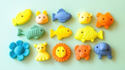 Colorful plastic animal and fish toys arranged in a playful pattern.