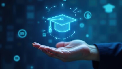 Online education, graduation cap, digital learning, future, technology background, website banner.