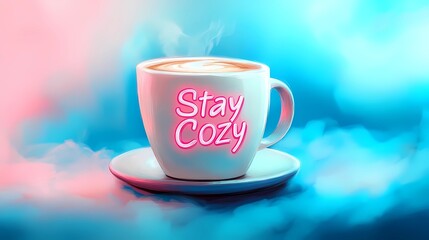 Fototapeta premium Snowy landscape featuring a coffee mug surrounded by frost, creating a cozy winter ambiance, ideal for seasonal themes, comic book style