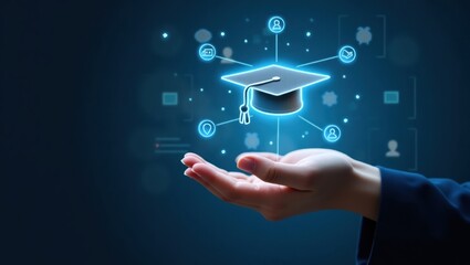 Online education hand holding virtual graduation cap, digital learning icons. Use education websites.