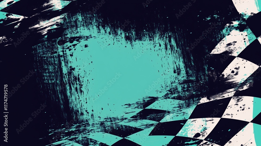 Poster grunge checkered racing flag background with teal spot.