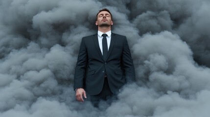 businessman in a black suit stands calmly with eyes closed, surrounded by thick gray smoke rising dramatically in an urban environment, symbolizing strength and perseverance