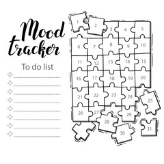 Mood tracker blank with hand drawn lettering and floral sketch. Bullet journal or monthly planer template. Printable organizer, diary, planner for important goals
