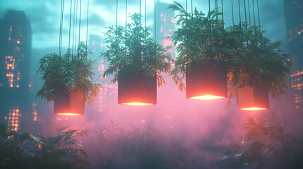 Obraz premium Futuristic hanging planters with glowing lights illuminating lush green foliage, set against a misty urban nightscape with neon-lit skyscrapers in the background