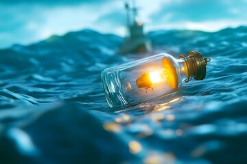 A ship sailing in the middle of an ocean with waves, inside is a floating lighthouse bottle that has a light from within