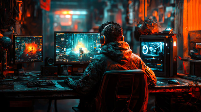 Gamer in Cyberpunk Style Gaming Setup