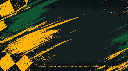 Abstract grunge racing flag background with yellow and green brushstrokes.