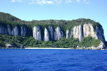 Cascading cliffs meet serene ocean at remote coastal location