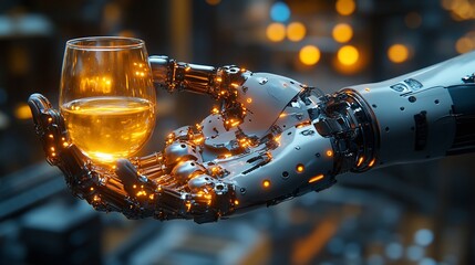 Robotic hand holding drink, futuristic factory