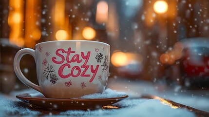 Snowy landscape featuring a coffee mug surrounded by frost, creating a cozy winter ambiance, ideal for seasonal themes, comic book style