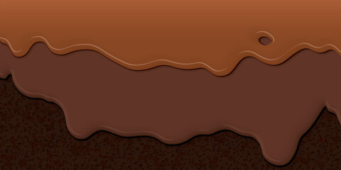 Melted chocolate and caramel pouring on browine cake texture background graphic illustration.