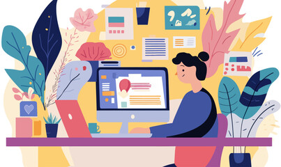 Digital Content Creation Workspace with Plants and Colorful Elements in Minimalist Vector
