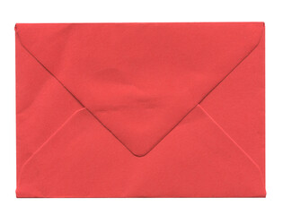 front view of old closed aged red paper envelope isolated on white