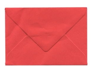 front view of old closed aged red paper envelope isolated on white