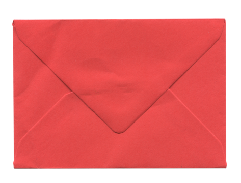 front view of old closed aged red paper envelope isolated on white