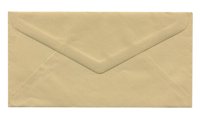 front view of old closed aged brown paper long envelope isolated on white