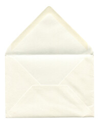 front view of old open aged paper envelope isolated on white