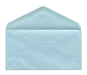 front view of old open aged blue paper long envelope isolated on white