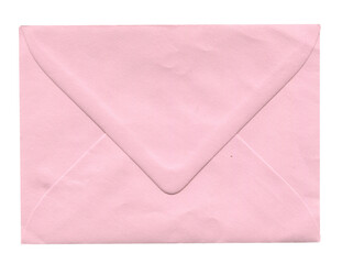 front view of old closed aged light pink paper envelope isolated on white