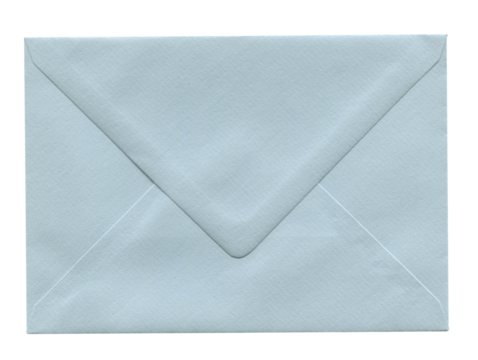 front view of old closed aged light blue paper envelope isolated on white
