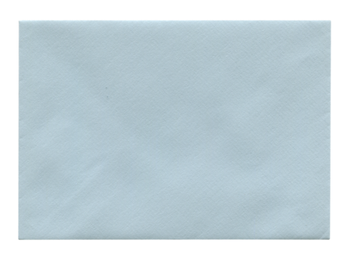 back view of old closed aged blue paper envelope isolated on white