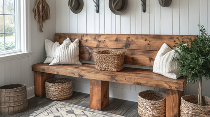 Fototapeta premium A farmhouse-inspired entryway with a wooden bench, hooks for coats, and woven baskets for storage