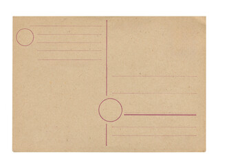 old vintage aged empty paper postcard texture with faded stamp print and brown stains isolated on white