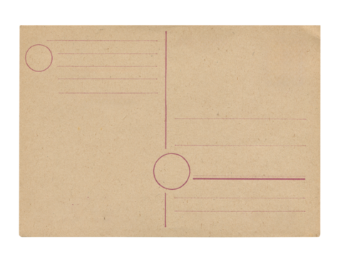 old vintage aged empty paper postcard texture with faded stamp print and brown stains isolated on white