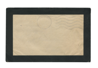 back view of old closed aged paper envelope with faded stamp print and black border frame isolated on white