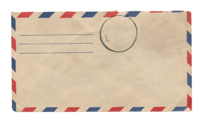 back view of old open aged paper airmail envelope with faded stamp print isolated on white