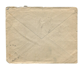 front view of old closed aged paper envelope isolated on white
