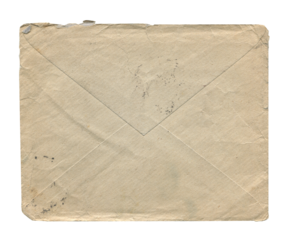 front view of old closed aged paper envelope isolated on white