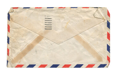 front view of old open aged paper airmail envelope isolated on white