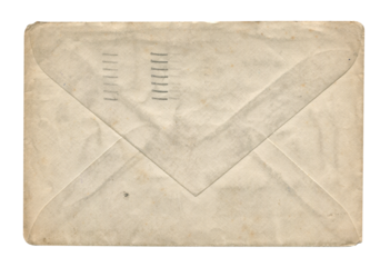 front view of old closed aged paper envelope with wrinkles and torn edges isolated on white