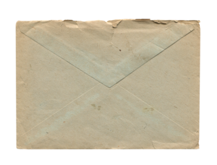 front view of old closed aged paper envelope with wrinkles and torn edges isolated on white