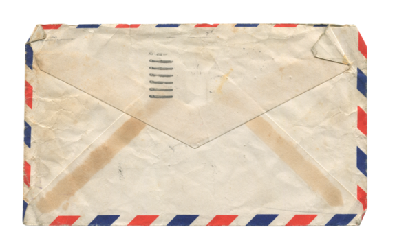 front view of old open aged paper airmail envelope isolated on white