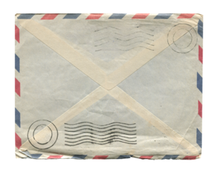 front view of old open aged paper airmail envelope isolated on white