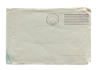 front view of old closed aged paper envelope with wrinkles and torn edges isolated on white
