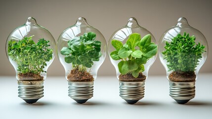 Four lightbulbs with growing plants inside, representing eco-friendly energy and growth.