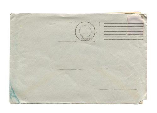 front view of old closed aged paper envelope with wrinkles and torn edges isolated on white