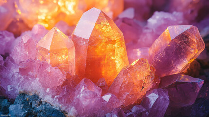 A macro shot of natural quartz crystals glowing under soft lighting
