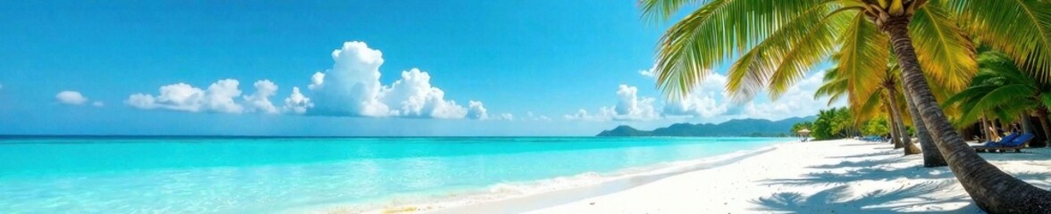Obraz premium White sand, palm trees sway, clear blue water, tropical, serene, escape