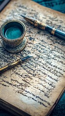 Antique inkwell, dip pen, and quill on aged manuscript.