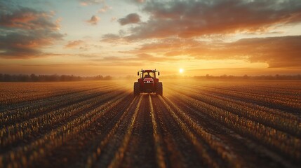 Fototapeta premium Tractor sunset field agriculture farming dust sunrise