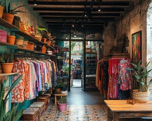 Fototapeta premium Colorful clothing store with vibrant apparel on racks