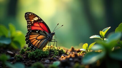 Obraz premium A vibrant butterfly with orange and black wings rests gently on a bed of lush green moss, illuminated by the warm glow of morning sunlight in a serene natural setting.